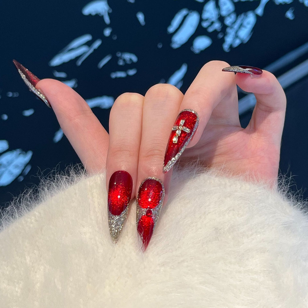 Glamorous Stiletto Press-On Nail Art Set with Sparkling Embellishments Kalsten