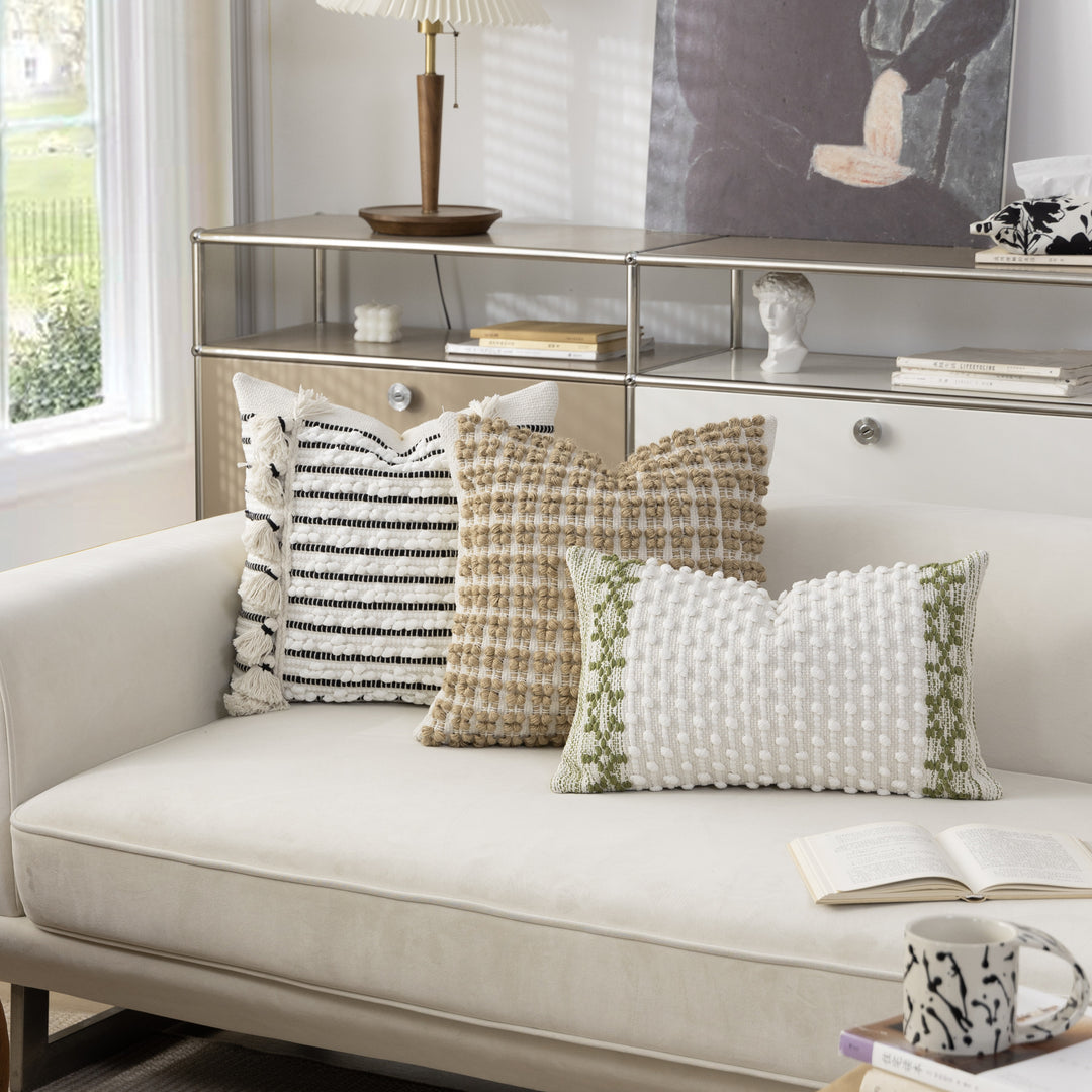 Woven Boho decorative cushion with tassels, tufted relief and handcrafted details
