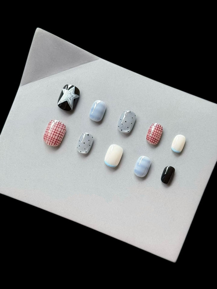 Artistic Press-On Nail Set with Geometric Patterns