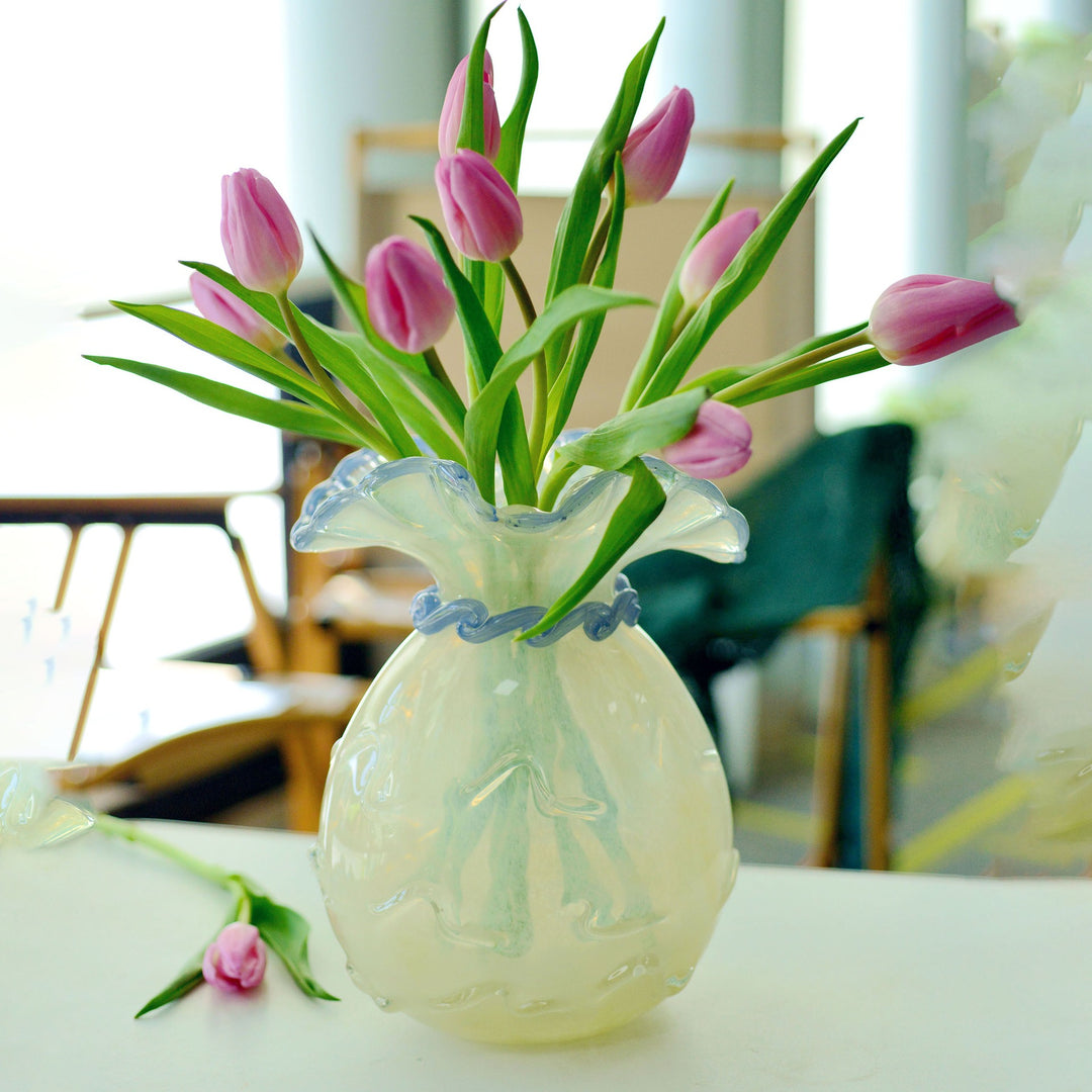 Handblown Opalescent Ruffled-Rim Sculptural Art Glass Vase with Twisted Collar Accent Kalsten