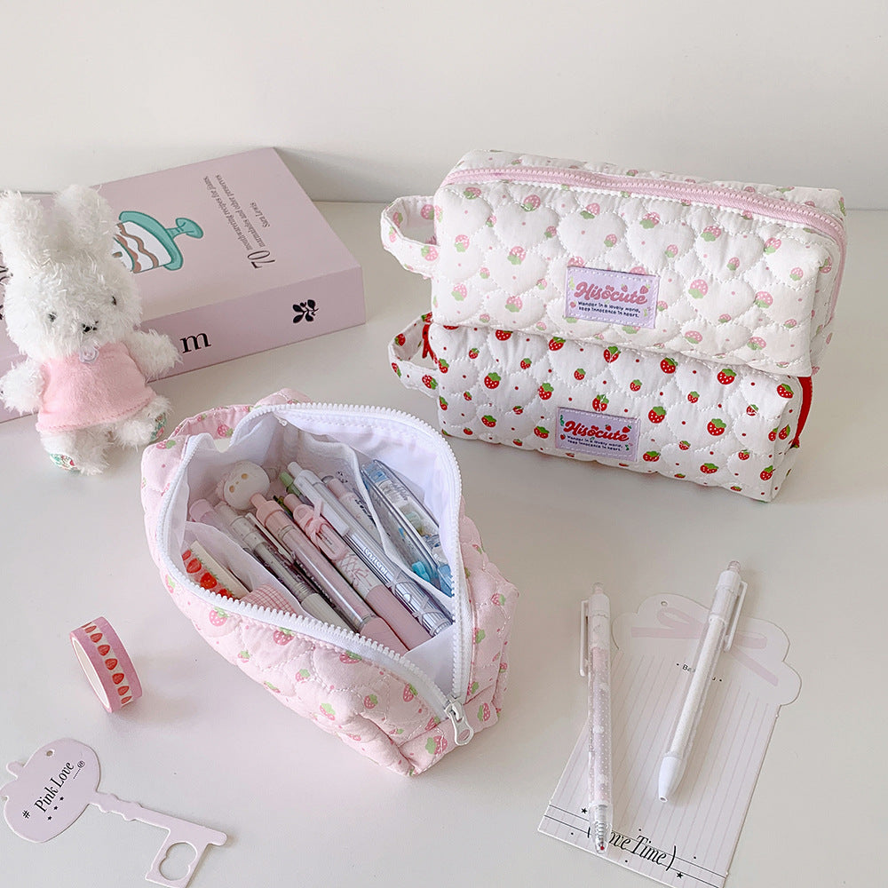 Quilted Strawberry Print Pencil Case