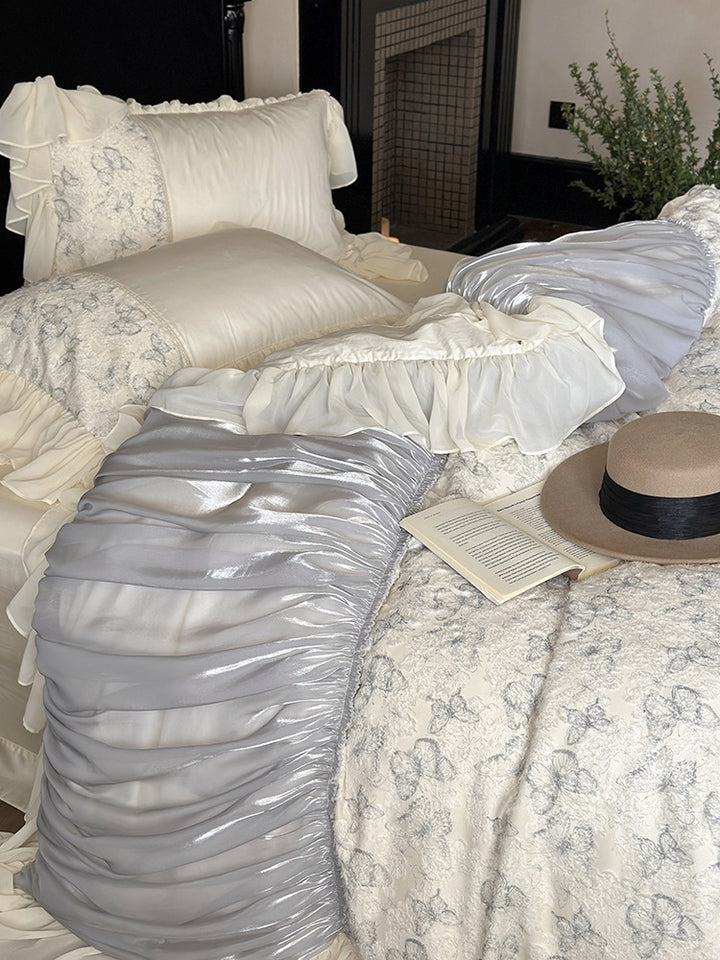 Luxury bedding set with gathered satin decor, floral jacquard duvet & ruffle cushion