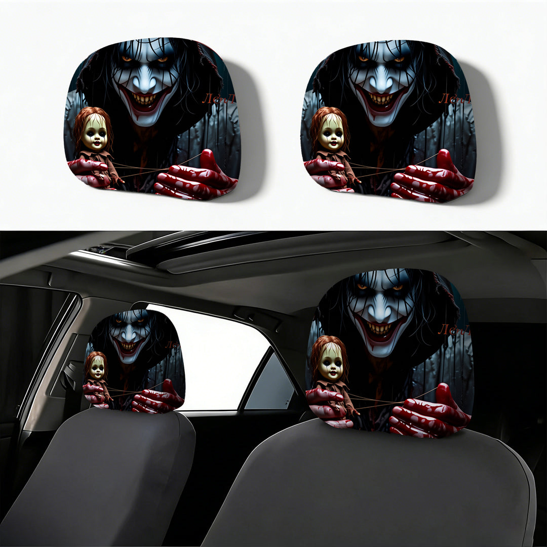 Car headrest cover with retro horror motif