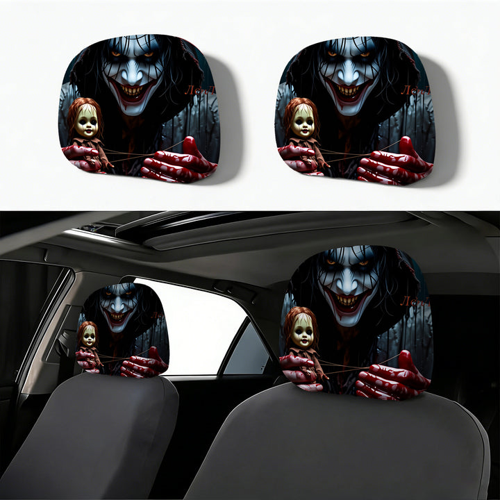 Car headrest cover with retro horror motif