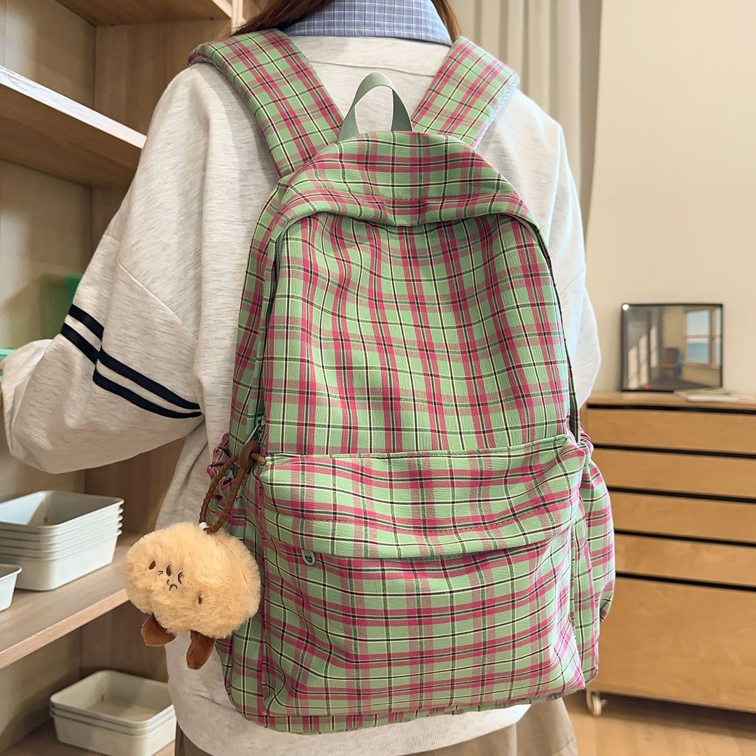 Backpack with Practical Check Pattern and Cute Plush Pendant Kalsten