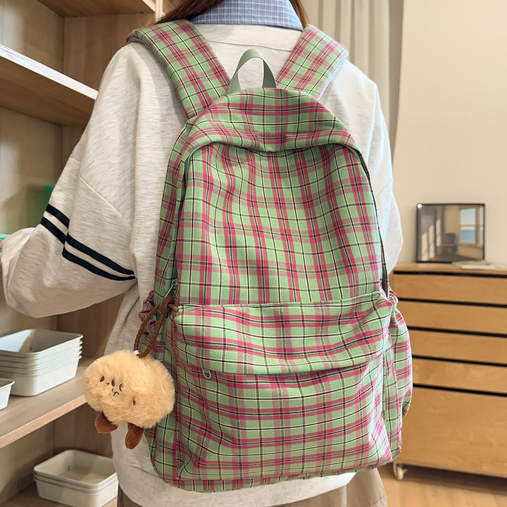Backpack with Practical Check Pattern and Cute Plush Pendant Kalsten