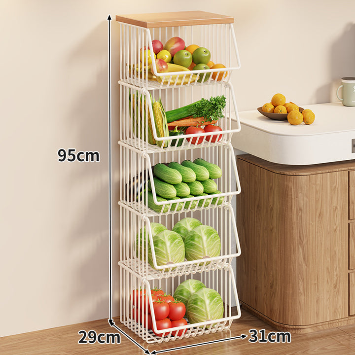Compact Triple-Tier Rolling Wire Vegetable and Fruit Storage Cart with Wooden Top