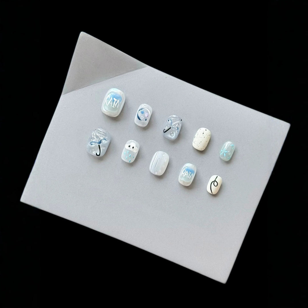 Artistic Press-On Nail Set with Rain Theme