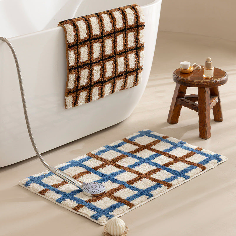 Short pile bath mat with geometric check pattern and non-slip backing Kalsten