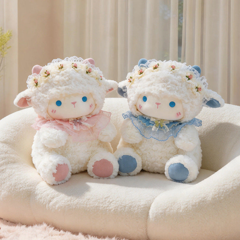 Plush Lamb Sitting Collectible with Floral Lace Headband and Decorative Ruffle Collar Kalsten