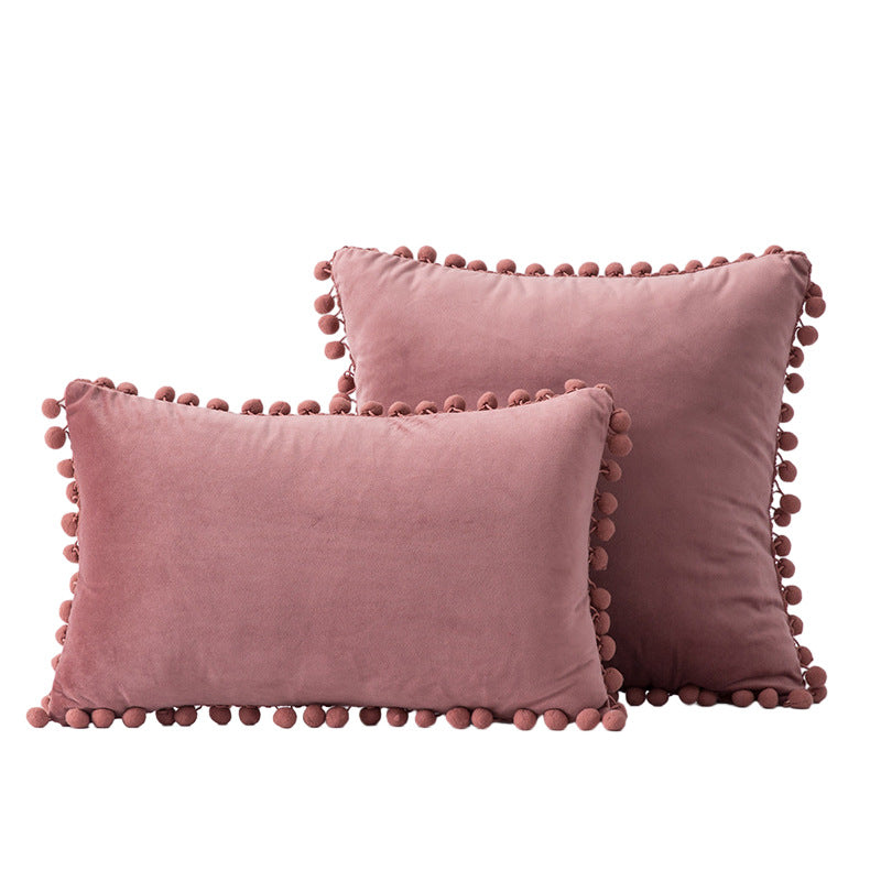 Velvet Pom-Pom Fringe Square and Lumbar Decorative Throw Pillow Set