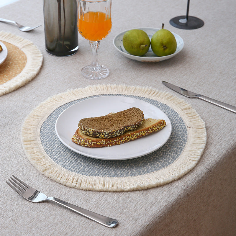 Round woven table placemat with fringe edge and mandala jacquard