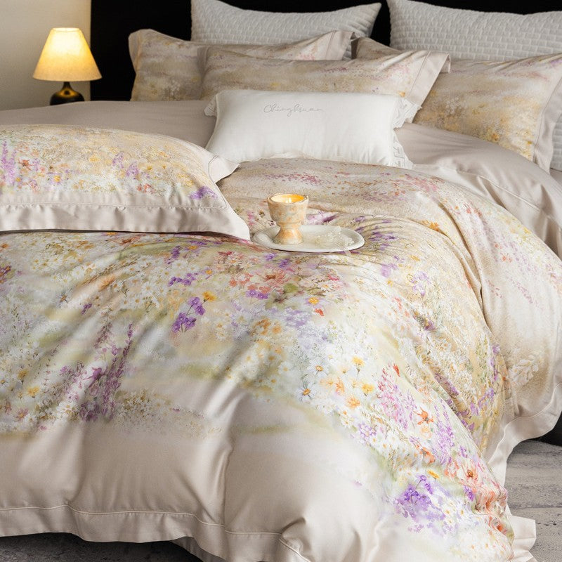 Silk-gloss satin bed linen set with watercolored meadow flower print and concealed zipper