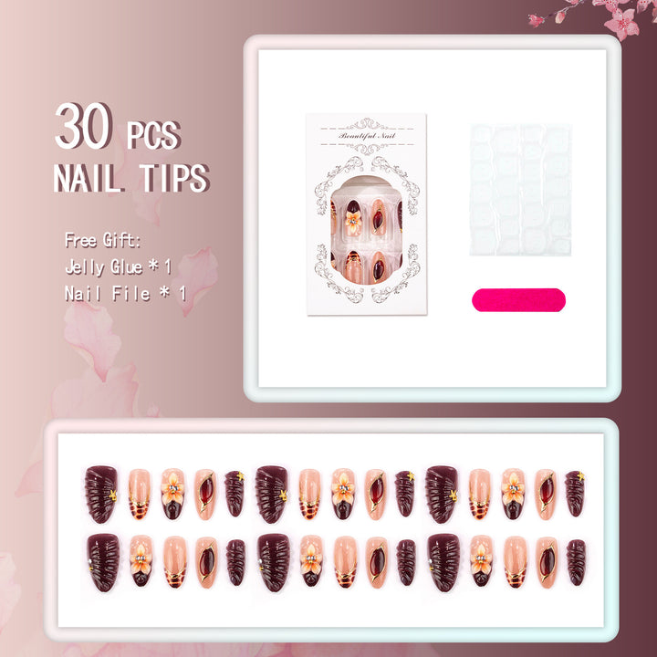 Elegant Floral and Jewel-Embossed Press-On Nail Set