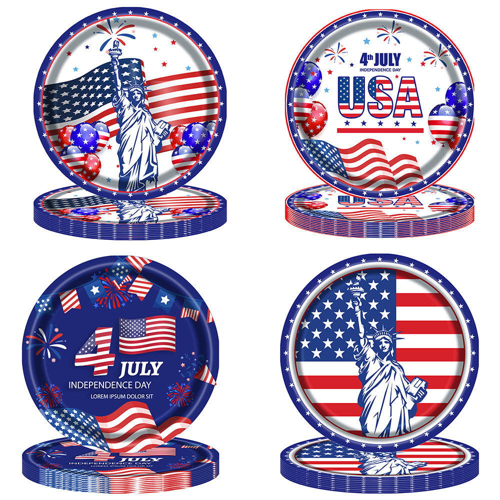 Unisex disposable paper plate with patriotic Statue of Liberty and stars and stripes design, sturdy wide rim Kalsten