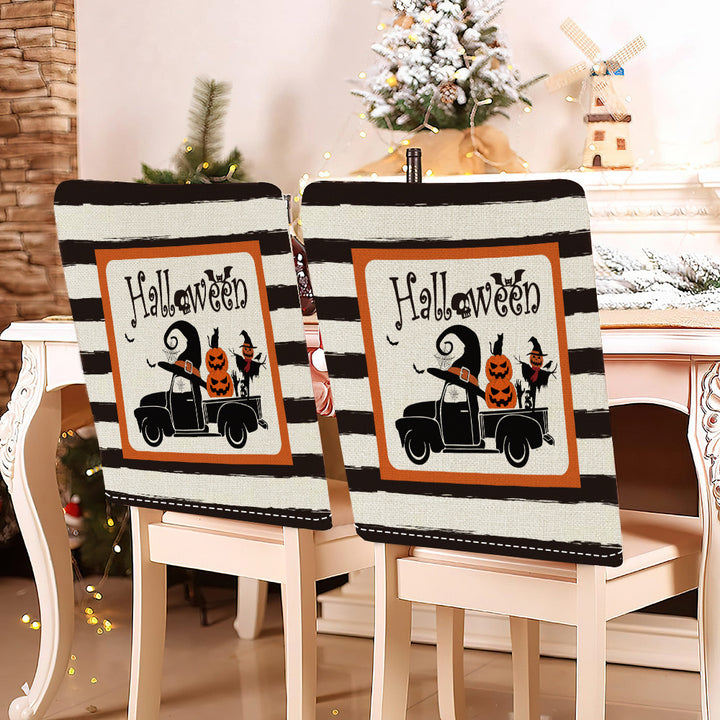 festive Halloween chair covers made of stretchable polyester with witch hat and lettering design