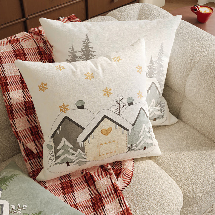 Winter Cottage Embroidered Plush Square Throw Pillow Cover with Hidden Zipper