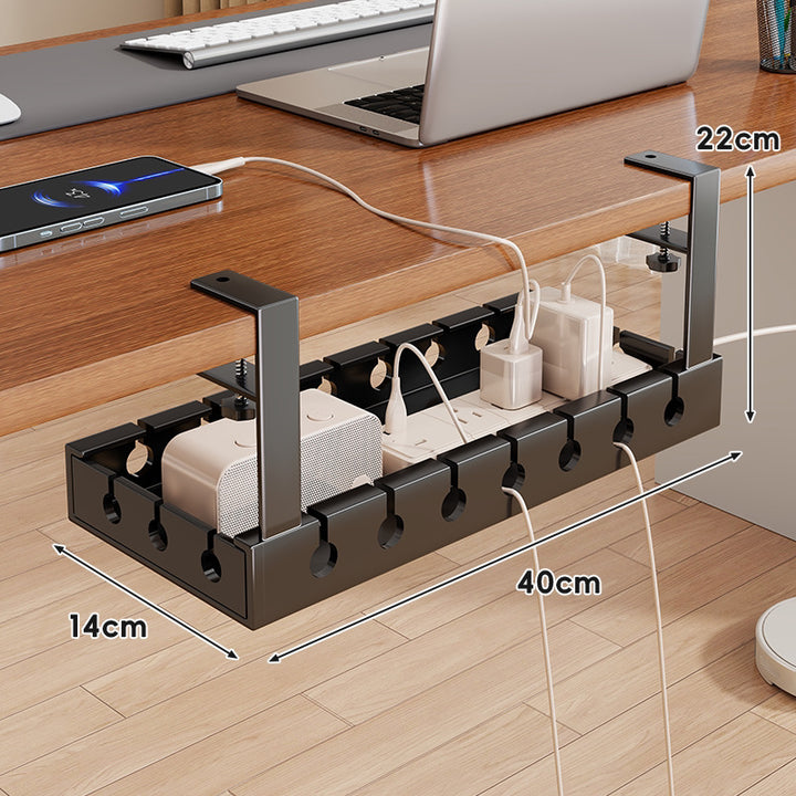 Adjustable Clamp-Mounted Under-Desk Power Strip & Cable Management Tray