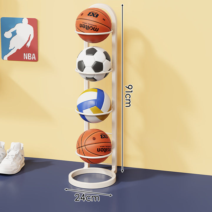 Three-Tier Vertical Sports Ball Storage Rack with Wall-Ready Base and Circular Cradles