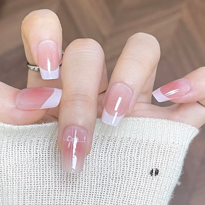 Elegant French Tip Press-On Nails with Bow Design Kalsten