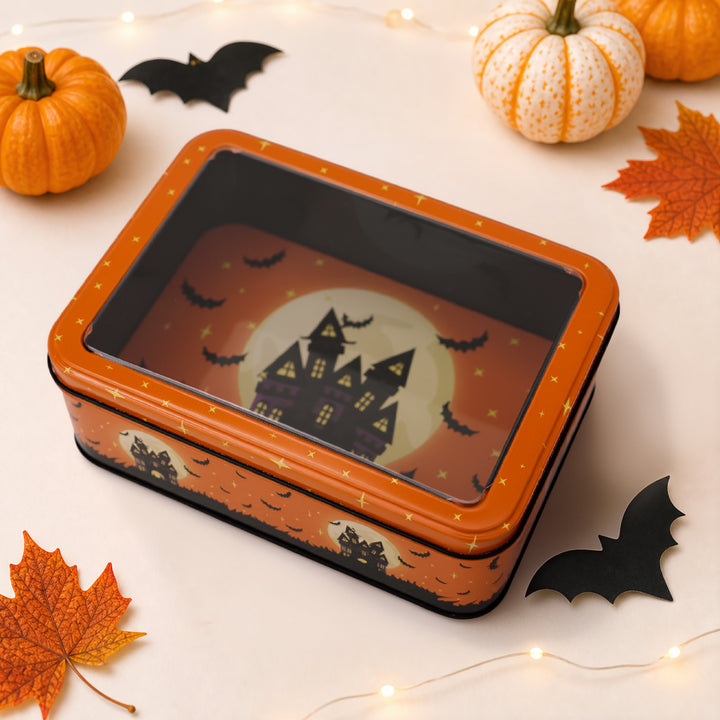 Halloween Metal Box with Viewing Window and Witch Motif