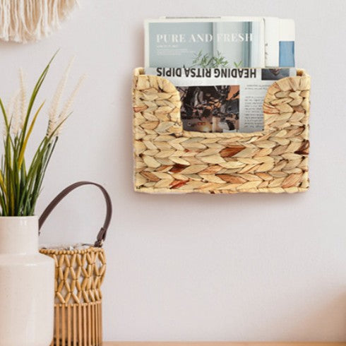 Wall shelf made of untreated wood with rattan inserts Kalsten