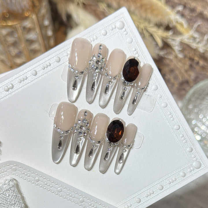 Glamorous Stiletto Press-On Nail Art Set with Elegant Gemstone Embellishments Kalsten