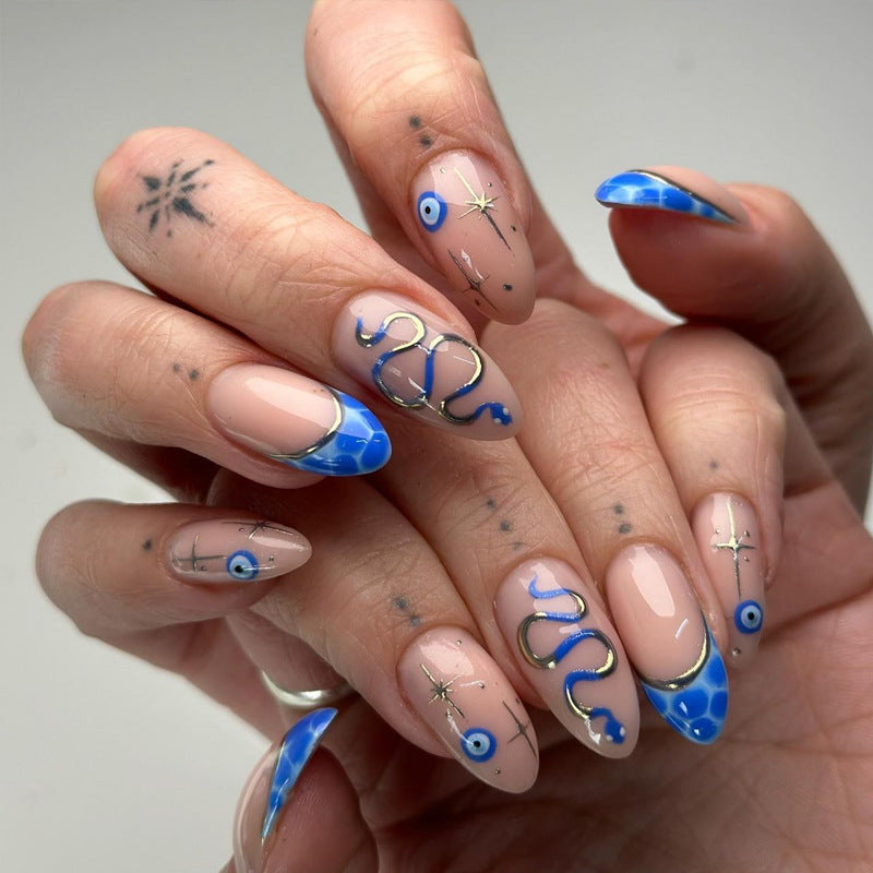 Artistic Stiletto Press-On Nails with Decorative Blue Elements Kalsten