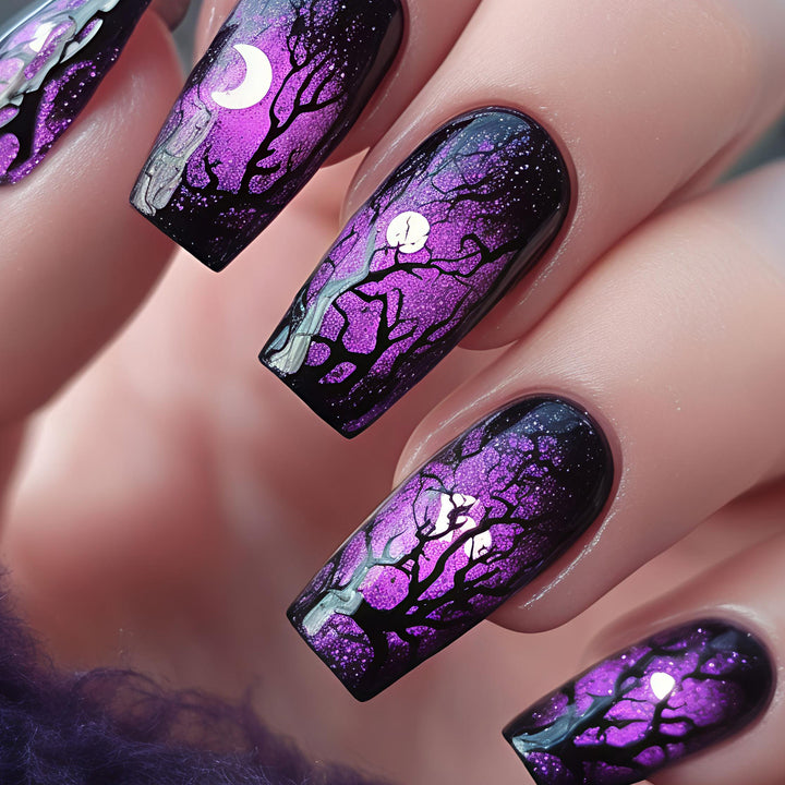 Artificial nails with Mystical Moon and Tree Design Kalsten