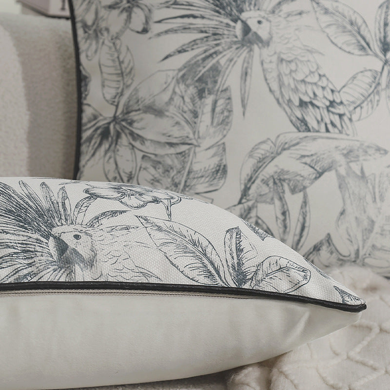 Square decorative cushion cover with botanical parrot illustration print and fine piping Kalsten