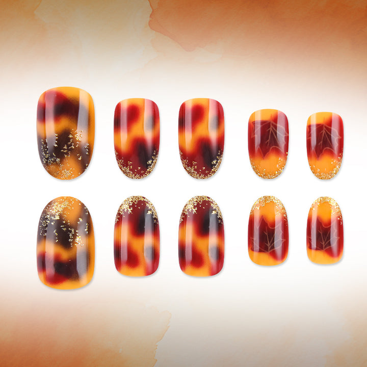 Artistic Press-On Nail Set with Autumn Leaf Design Kalsten
