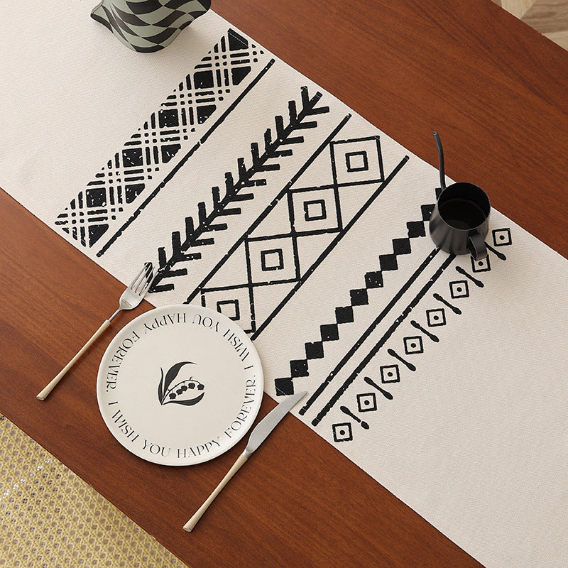 Woven table runner in Boho style with fringes and geometric ethnic print Kalsten