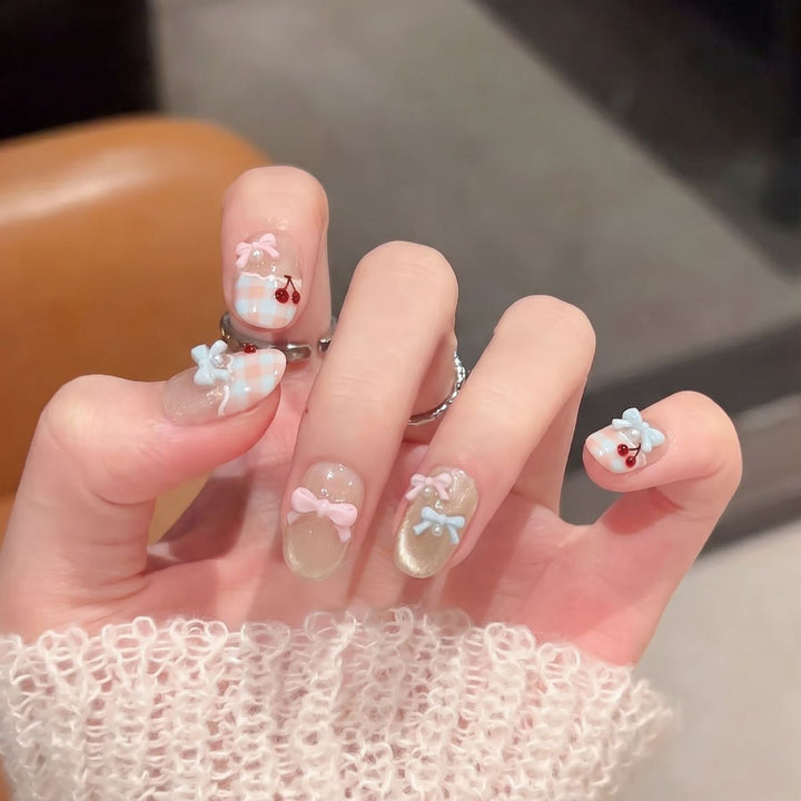 Decorative Press-On Nail Art Set with Charming Bow and Cherry Accents Kalsten