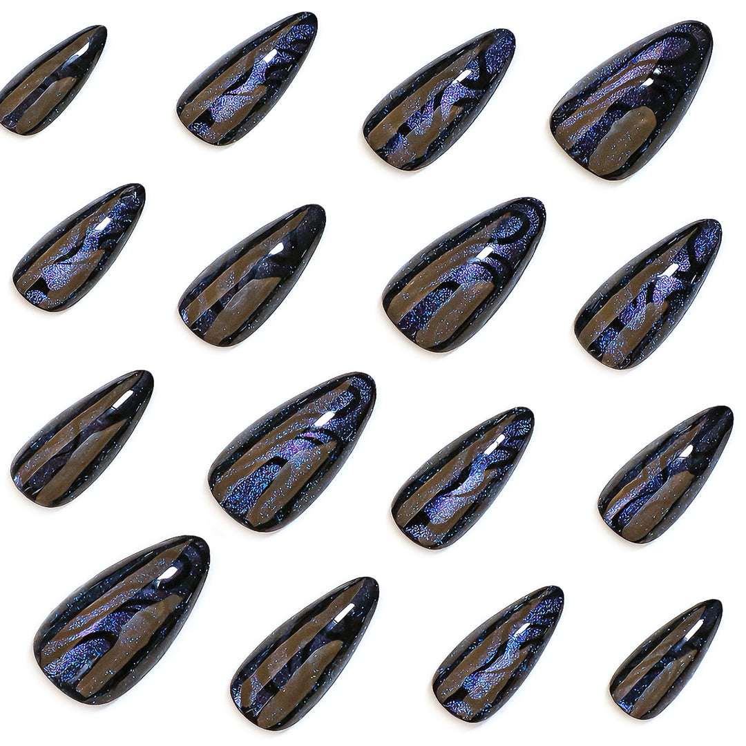 Artistic stiletto nails with shimmering effects Kalsten