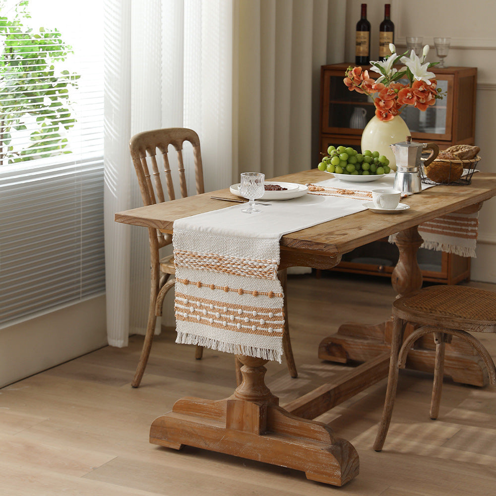Woven cotton table runner with fringes and textured pattern Kalsten