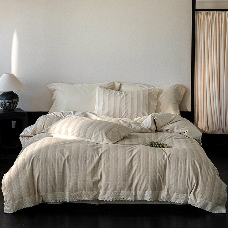 Light cotton-linen duvet cover set with fine longitudinal stripe texture and lace hem