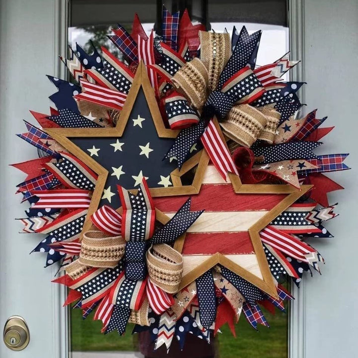 Unisex nan handcrafted Americana medallion wreath with layered deco mesh ribbons star motif bows and rustic sign Kalsten