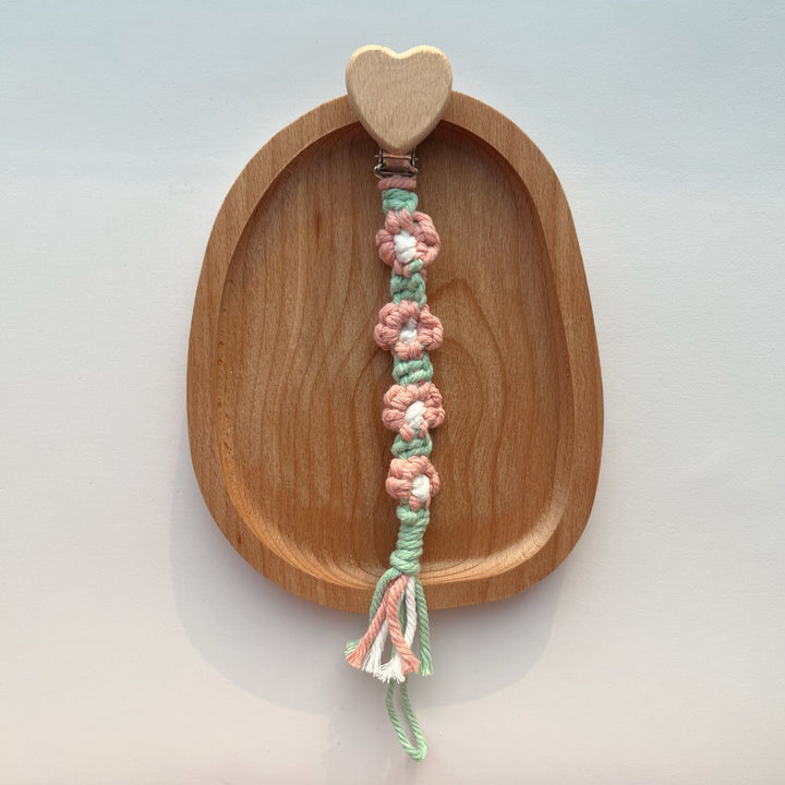 Cotton Crochet Floral Pacifier and Teether Clip with Wooden Heart Safety Clip