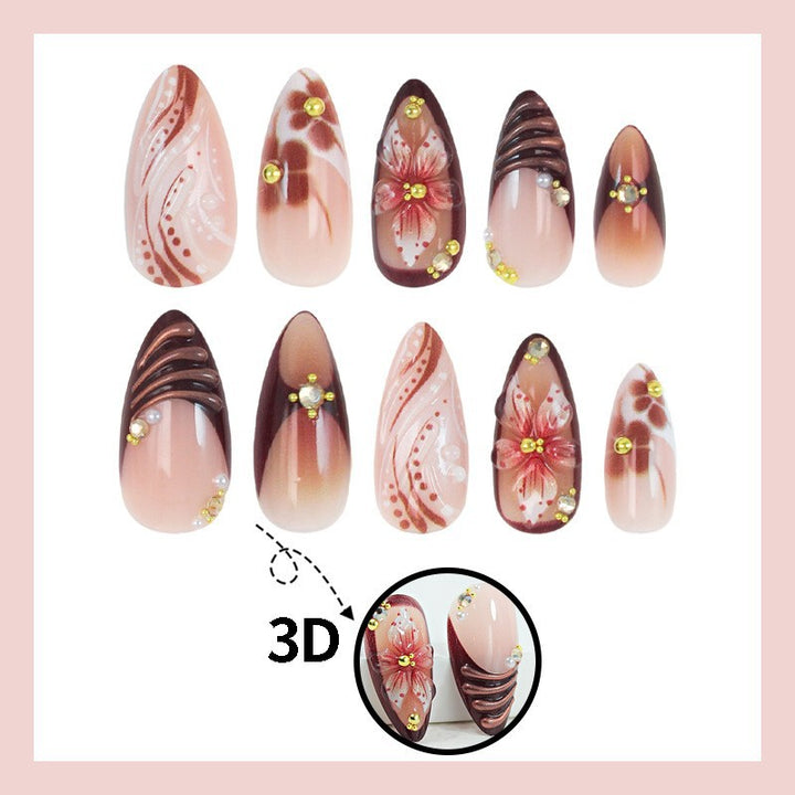 Acrylic nail set with elegant 3D flower accents and glamorous designs Kalsten