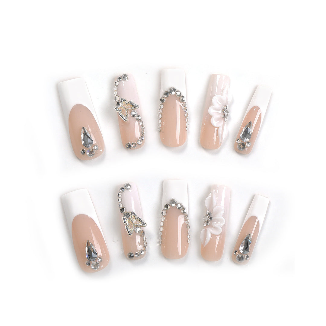 Artificial nail set with elegant glitter and flower motifs Kalsten