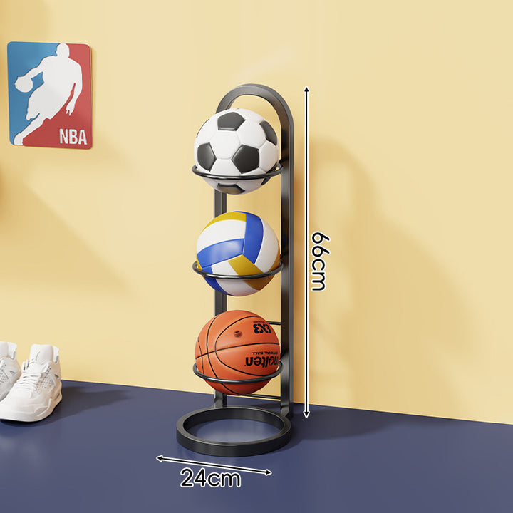 Three-Tier Vertical Sports Ball Storage Rack with Wall-Ready Base and Circular Cradles