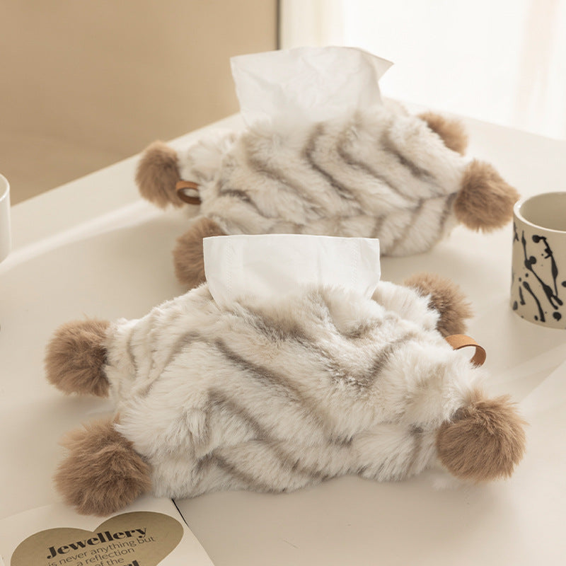 Decorative faux fur tissue box cover with pom poms and hanging handle Kalsten