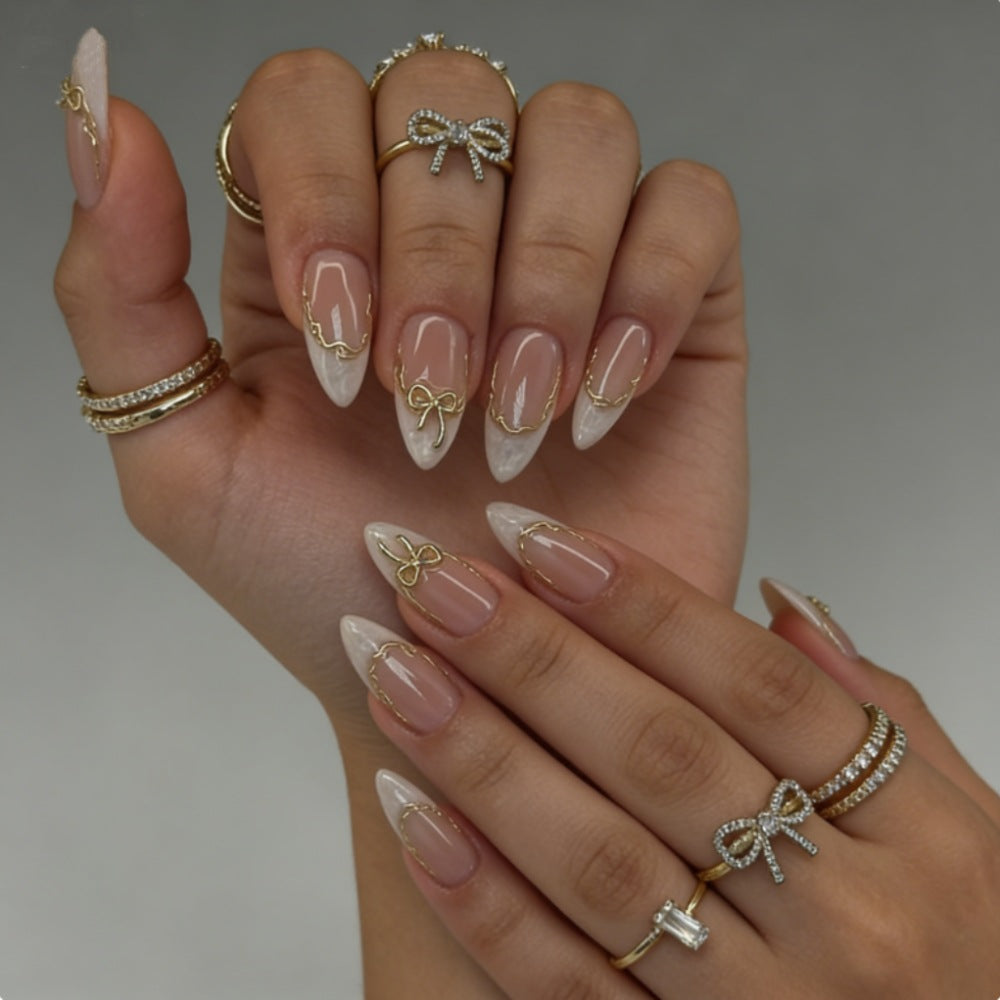 Artificial nails with Elegant French Design and Golden Decorations Kalsten