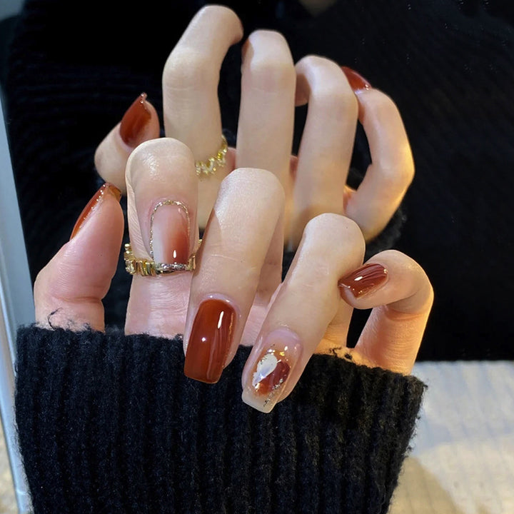 Elegant Glossy Press-On Nails with Gold Glitter Accents Kalsten