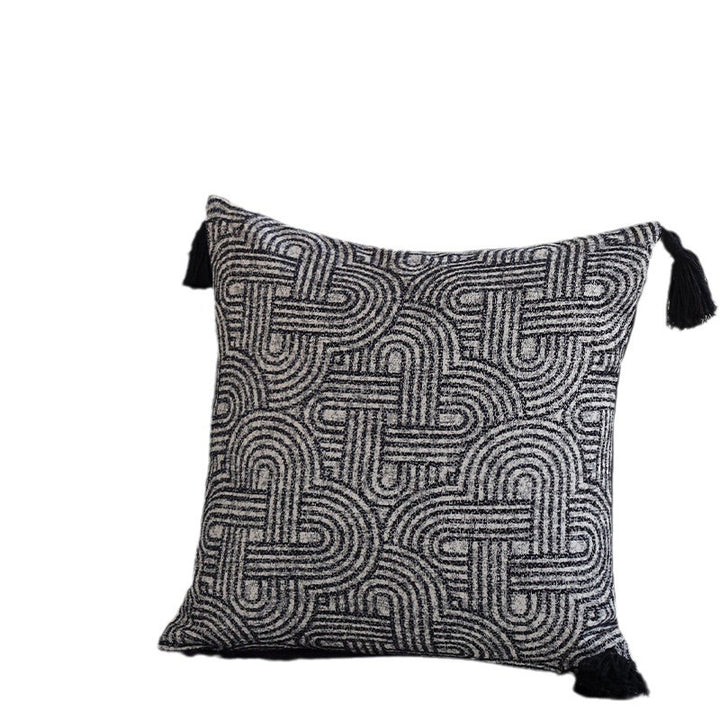 Square cushion cover made of textured bouclé weaving with geometric relief and corner tassels Kalsten