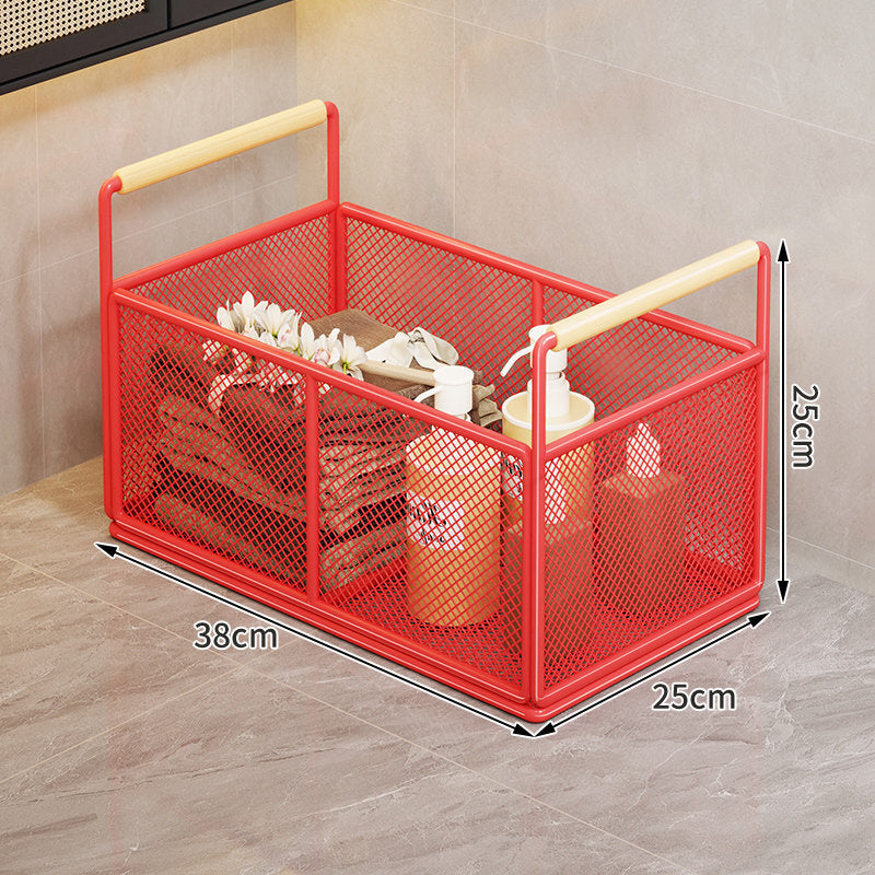 Mesh Metal Storage Organizer Basket with Wooden Grip Handles