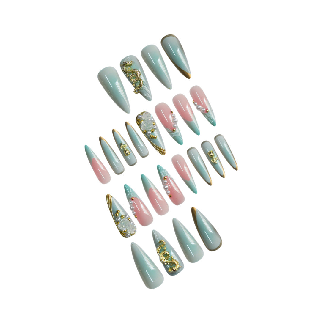Luxurious Rhinestone and Floral Press-On Nail Art Kalsten