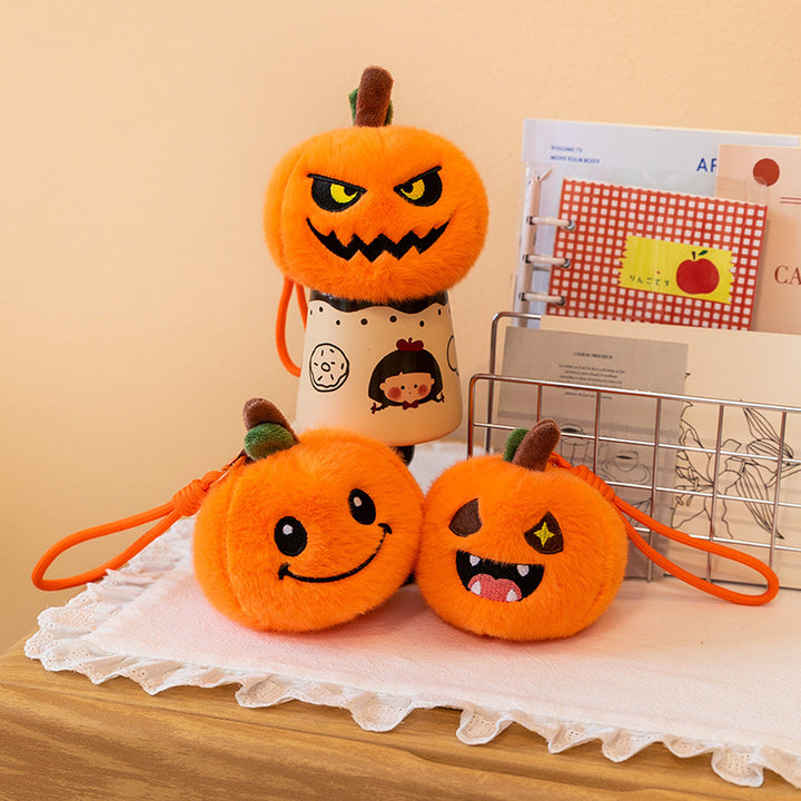 Plush pumpkin keychain with key ring and carabiner