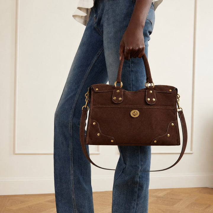 Elegant Suede Handbag with Brass Accents