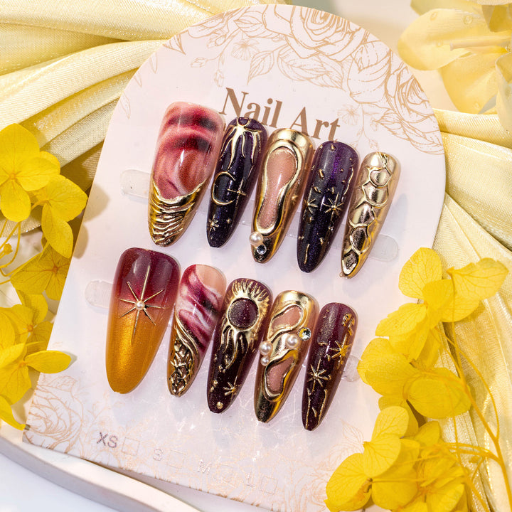 Artistic Press-On Nail Set with Metallic Accents